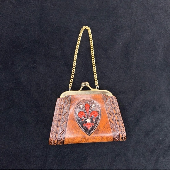 HANDMADE TOOLED LEATHER COIN PURSE GOLD CHAIN PAINTED FLEUR DE LIS WESTERN - Picture 12 of 14